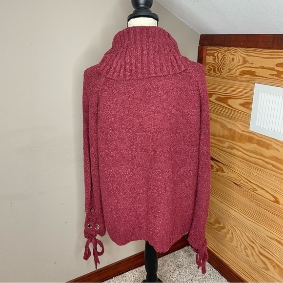 Elan Burgundy Maroon Wool Blend Turtleneck Lace Up Sleeve Sweater Medium - Picture 3 of 10